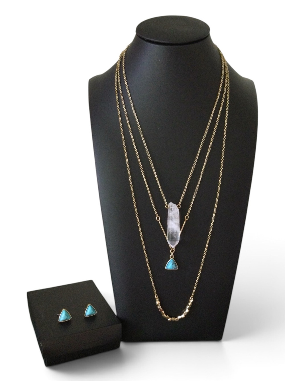 Gold‑Tone Layered Necklace & Turquoise‑Color Stud Earrings Set - NWOT